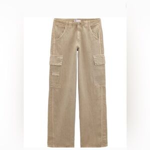 Zara linen khaki Light Beige Cargo Pants low rise Side Pockets trousers wide leg
